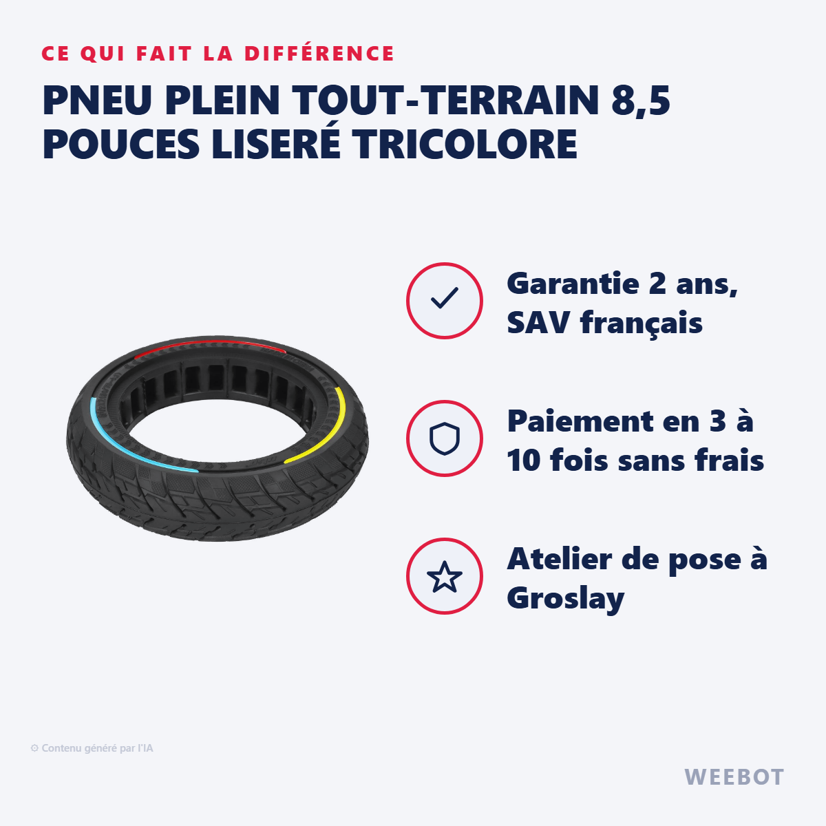 Pneu Plein Tout-Terrain 8,5 Pouces Liseré Tricolore : les points forts