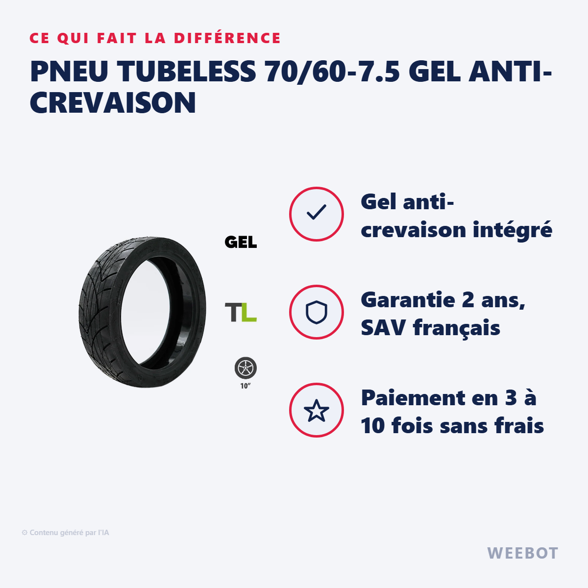 Pneu Tubeless 70/60-7.5 Gel Anti-Crevaison : les points forts