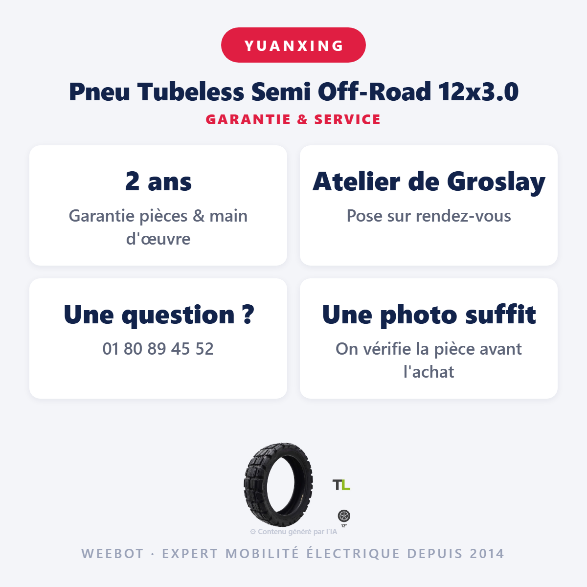 Pneu Tubeless Semi Off-Road 12x3.0 : garantie 2 ans et service après-vente