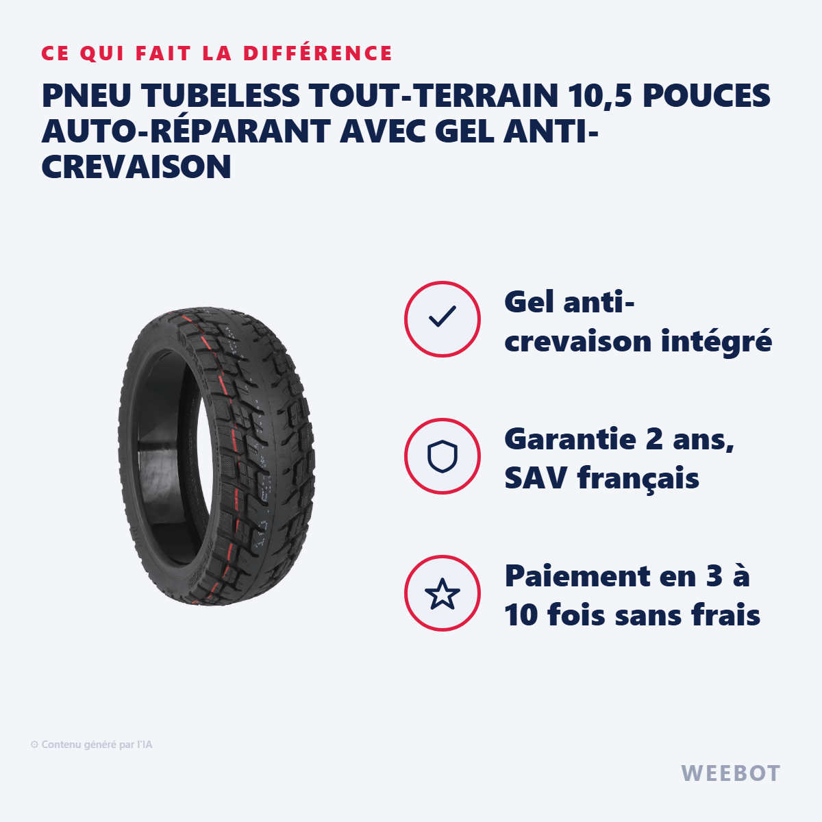 Pneu Tubeless Tout-Terrain 10,5 Pouces Auto-Réparant avec Gel Anti-Crevaison : les points forts