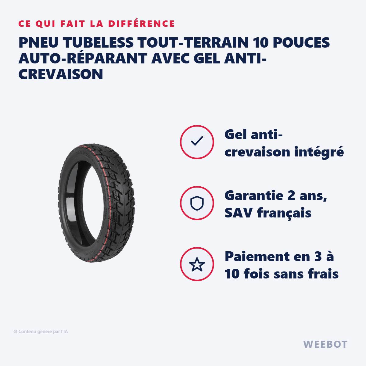 Pneu Tubeless Tout-Terrain 10 Pouces Auto-Réparant avec Gel Anti-Crevaison : les points forts