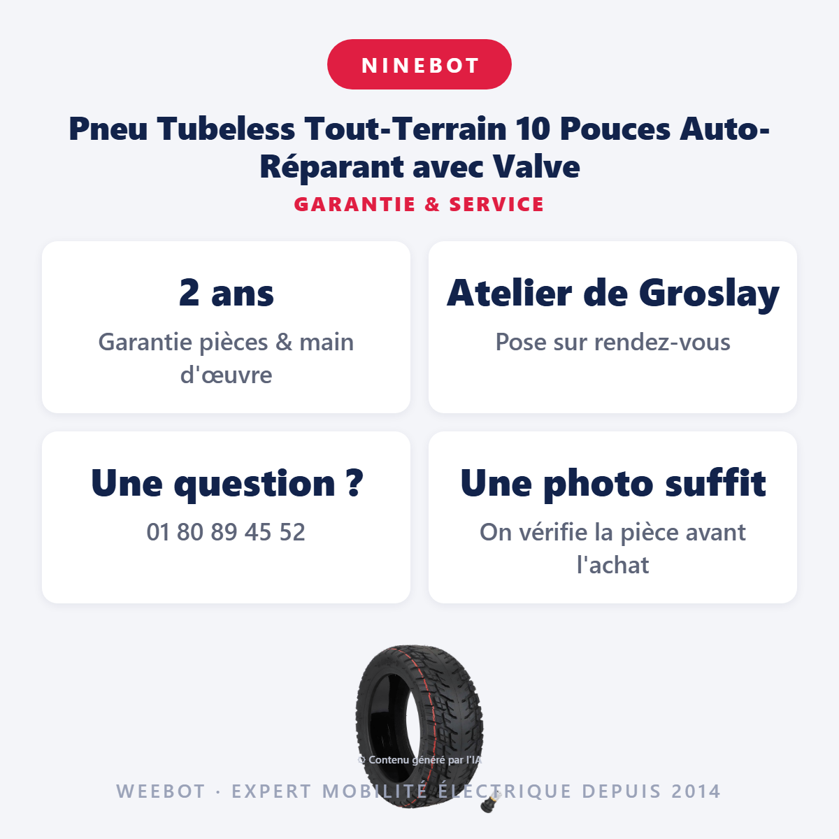 Pneu Tubeless Tout-Terrain 10 Pouces Auto-Réparant avec Valve : garantie 2 ans et service après-vente