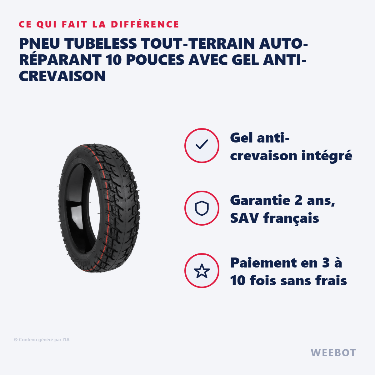 Pneu Tubeless Tout-Terrain Auto-Réparant 10 Pouces avec Gel Anti-Crevaison : les points forts