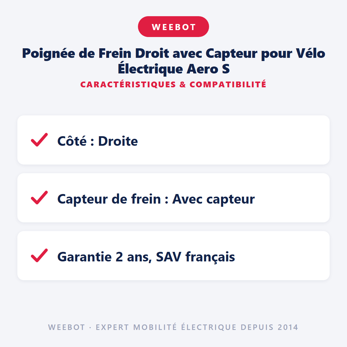 Poignée de Frein Droit avec Capteur pour Vélo Électrique Aero S : caractéristiques et compatibilité