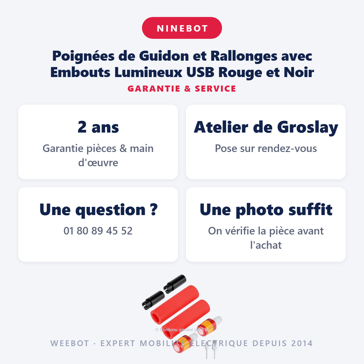 Poignées de Guidon et Rallonges avec Embouts Lumineux USB Rouge et Noir : garantie 2 ans et service après-vente