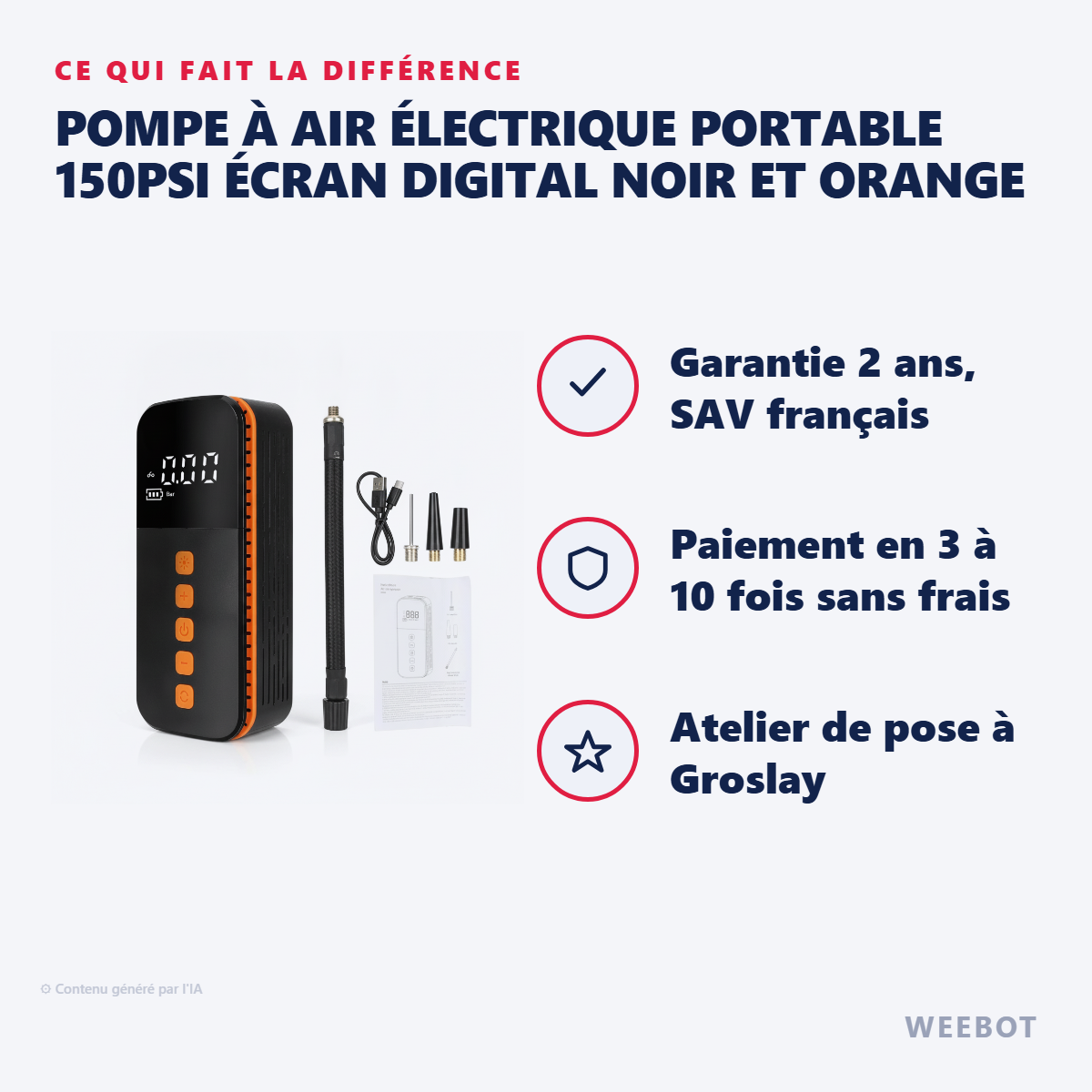 Pompe à Air Électrique Portable 150PSI Écran Digital Noir et Orange : les points forts