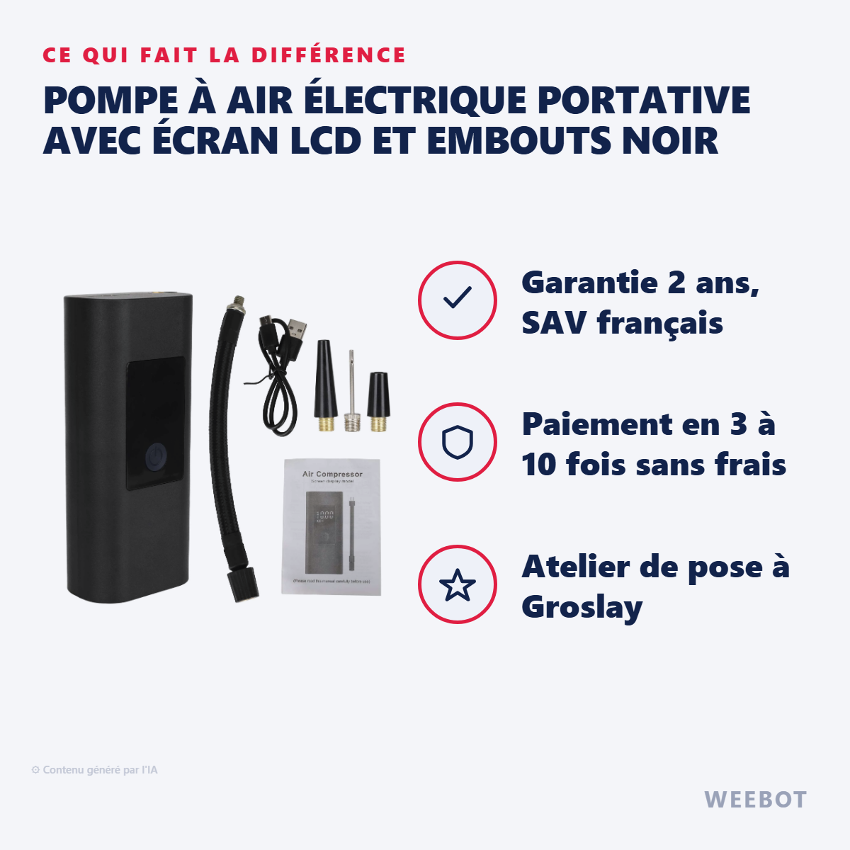 Pompe à Air Électrique Portative avec Écran LCD et Embouts Noir : les points forts