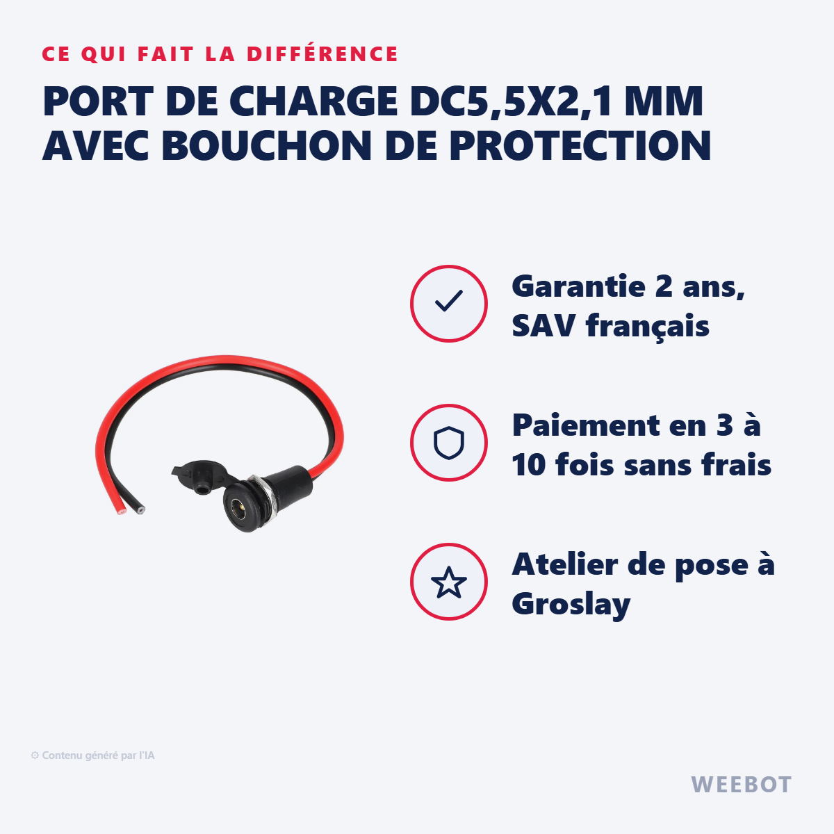 Port de Charge DC5,5x2,1 mm avec Bouchon de Protection : les points forts