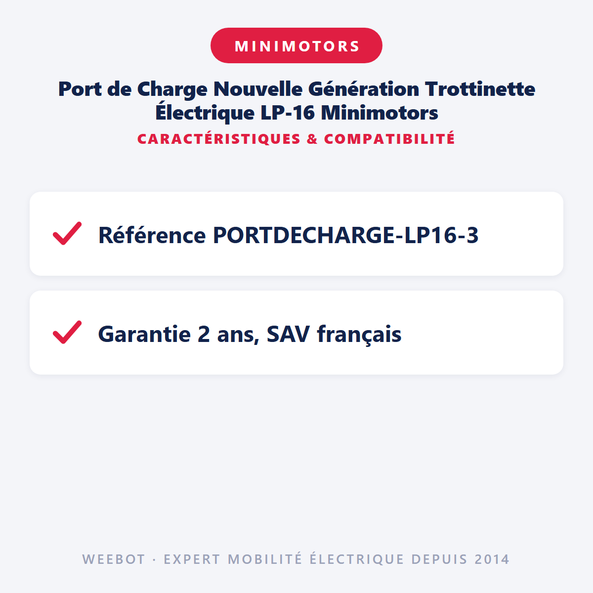 Port de Charge Nouvelle Génération Trottinette Électrique LP-16 Minimotors : caractéristiques et compatibilité