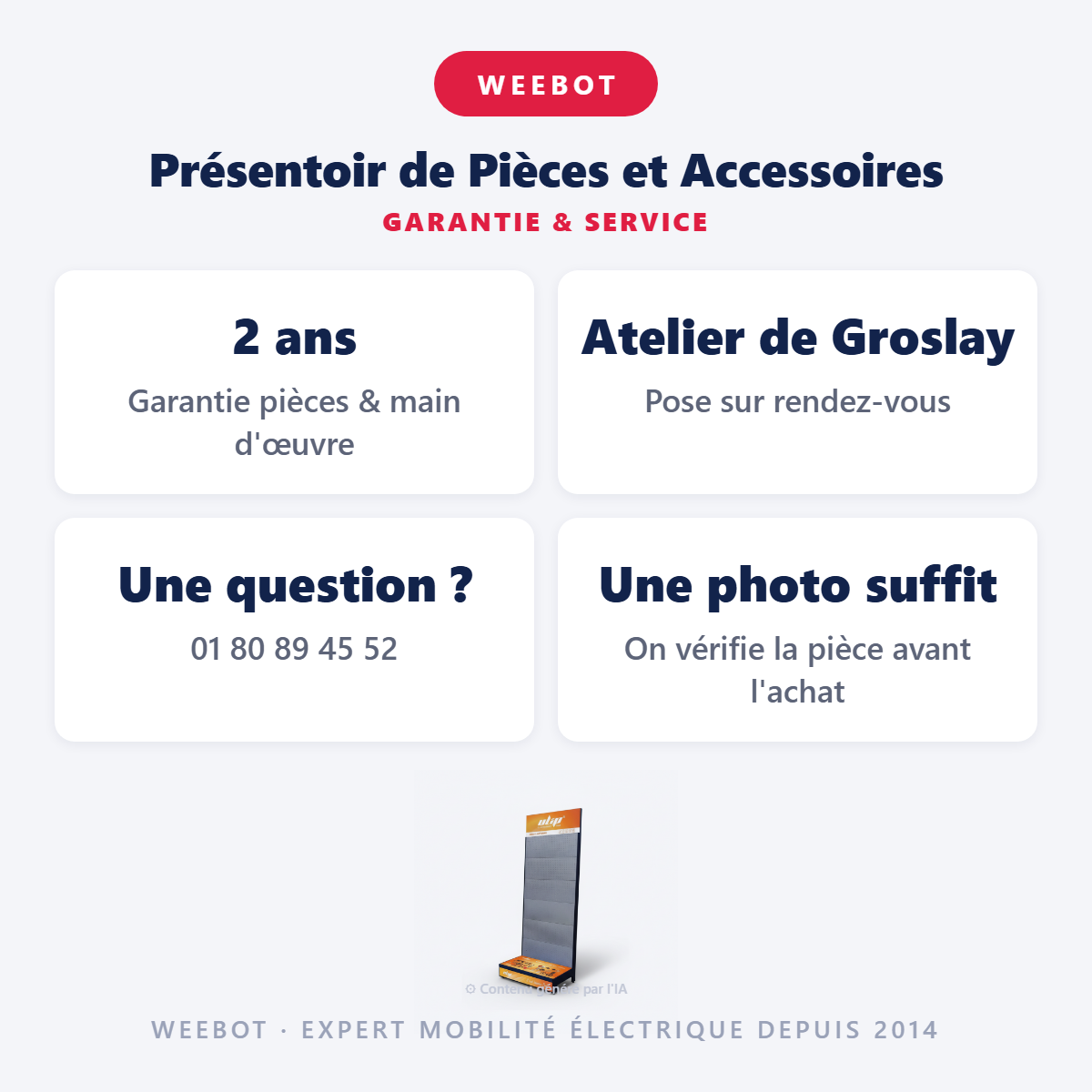 Présentoir de Pièces et Accessoires : garantie 2 ans et service après-vente