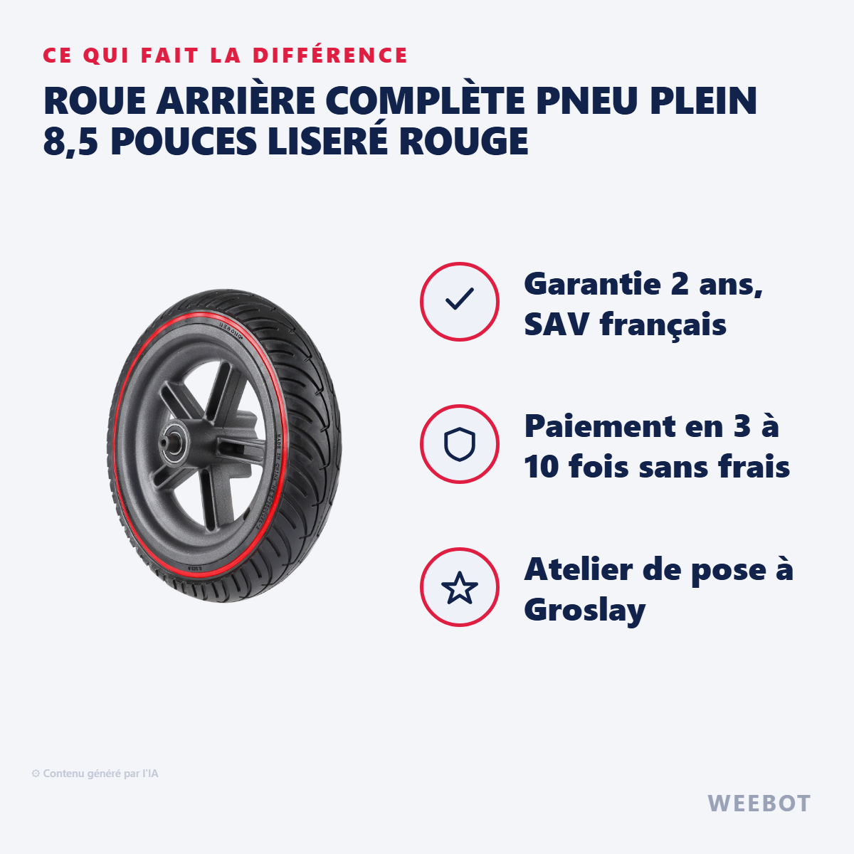 Roue Arrière Complète Pneu Plein 8,5 Pouces Liseré Rouge : les points forts