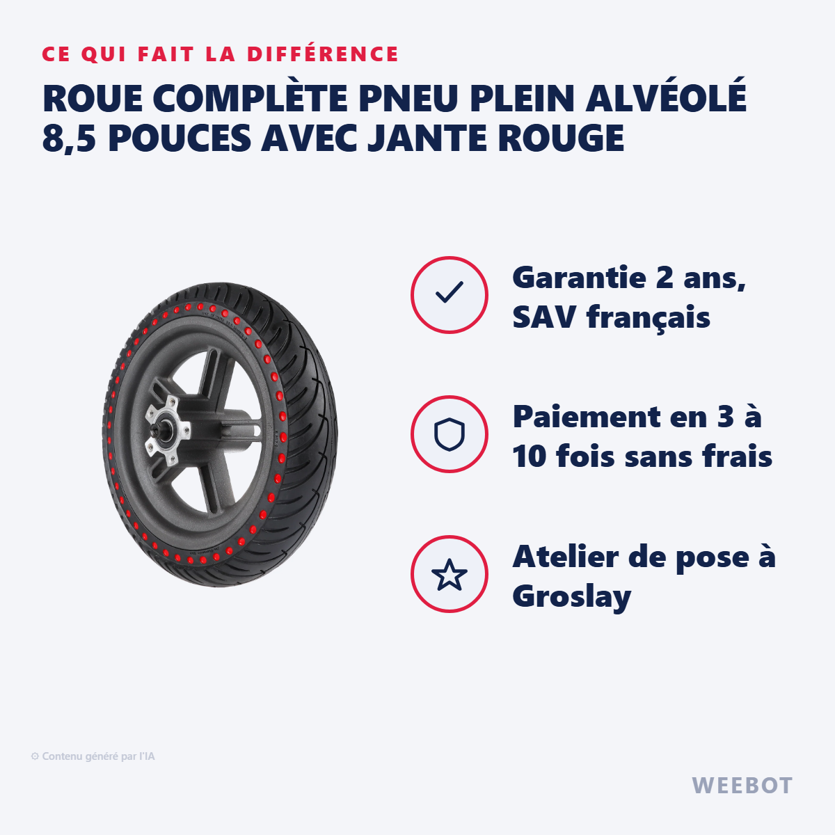 Roue Complète Pneu Plein Alvéolé 8,5 Pouces avec Jante Rouge : les points forts