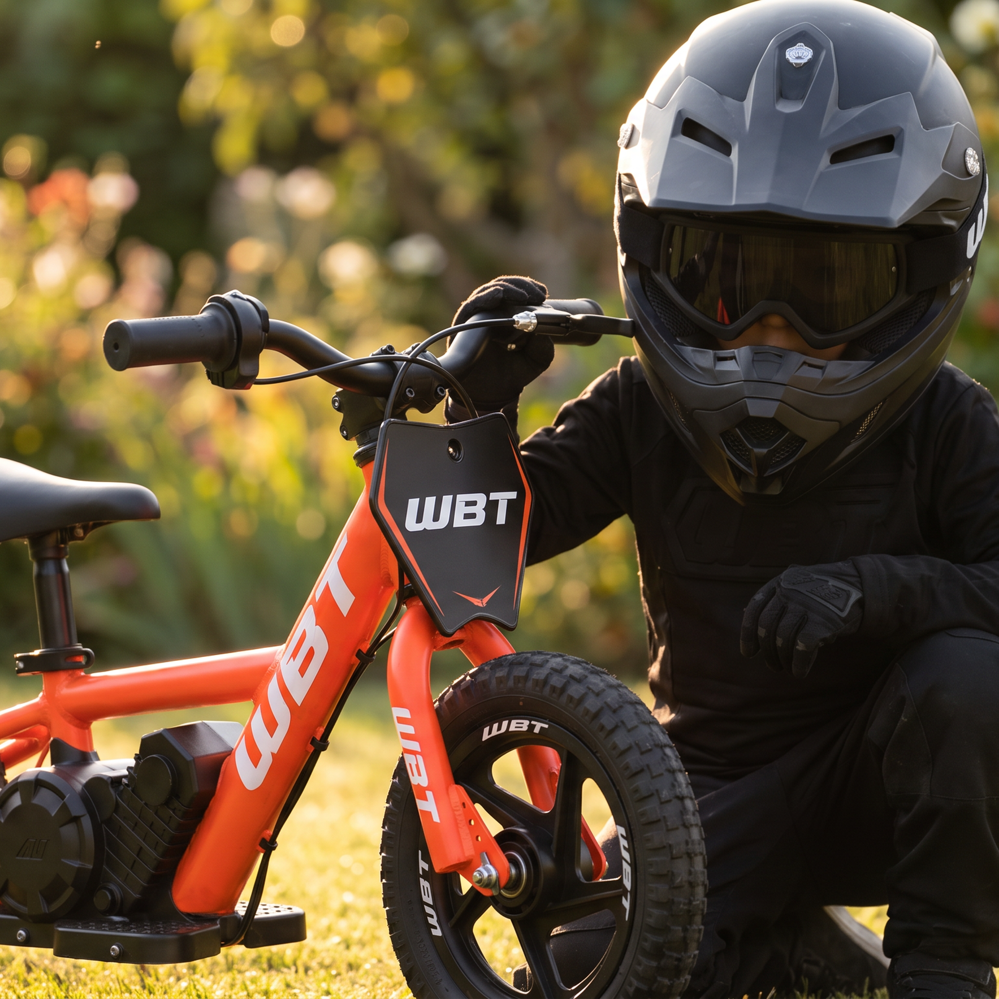enfant et sa draisienne électrique WBT orange avec plaque numéro