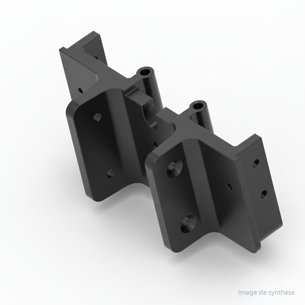 Schéma technique en perspective d'un support de fixation de potence avant en aluminium