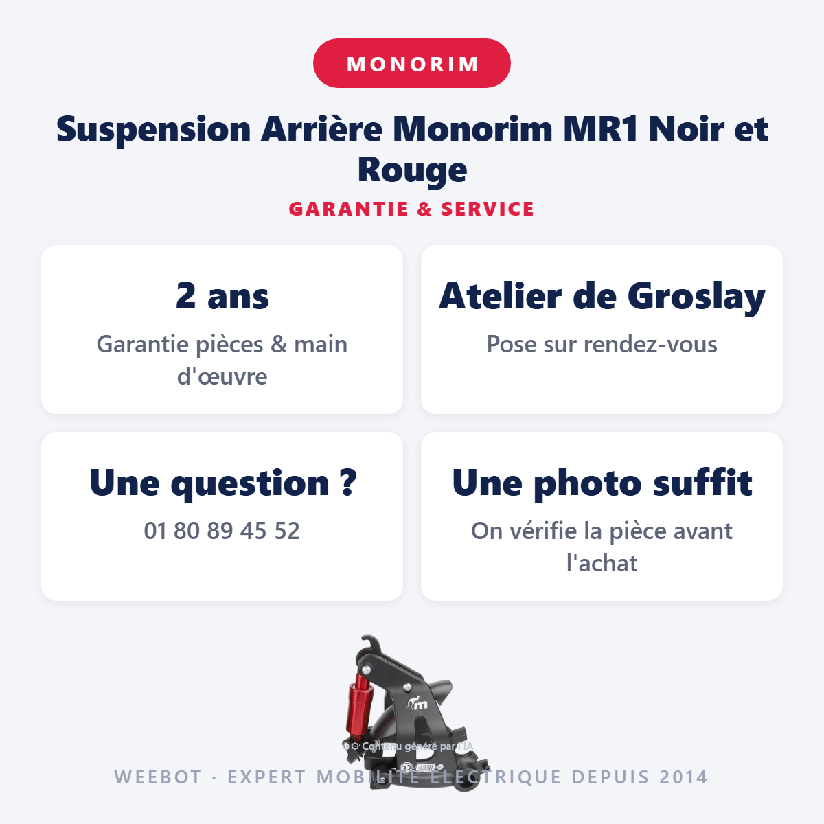 Suspension Arrière Monorim MR1 Noir et Rouge : garantie 2 ans et service après-vente