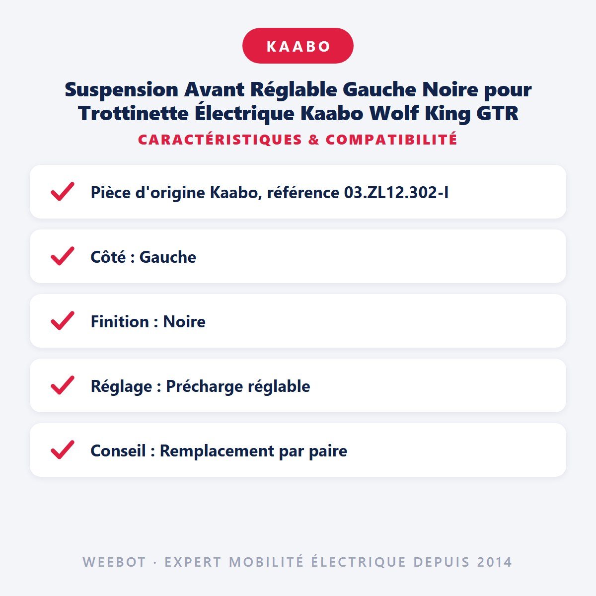 Suspension Avant Réglable Gauche Noire pour Trottinette Électrique Kaabo Wolf King GTR - Weebot