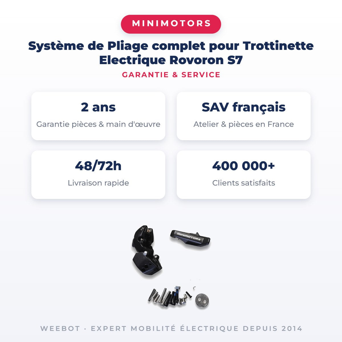 Système de Pliage complet pour Trottinette Electrique Rovoron S7 — garantie 2 ans pièces et main d'œuvre, SAV français