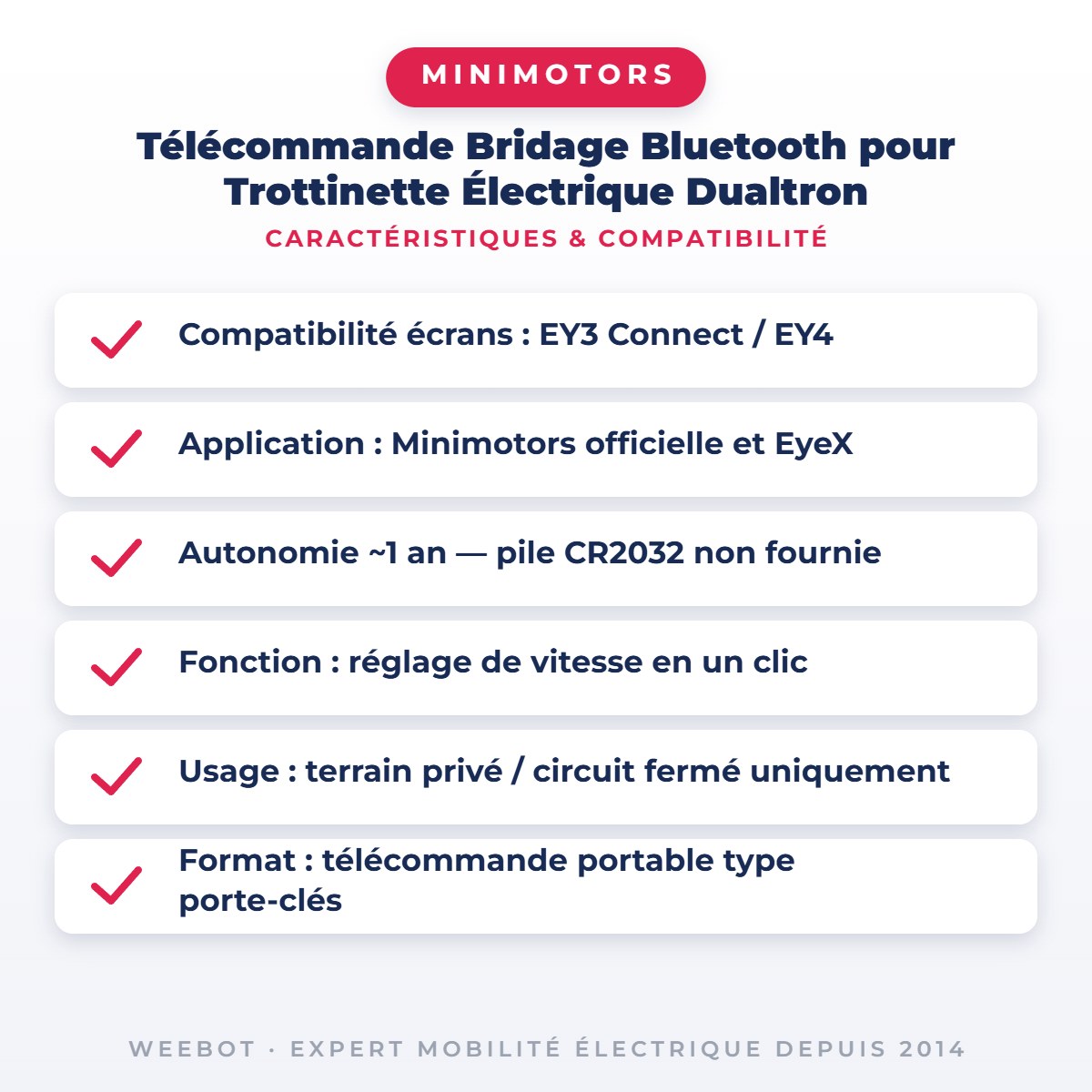 Télécommande Bridage Bluetooth pour Trottinette Électrique Dualtron (Terrain Privé Uniquement) — caractéristiques et compatibilité : Compatibilité écrans : EY3 Connect / EY4, Application : Minimotors officielle et EyeX, Autonomie ~1 an — pile CR2032 non fournie, Fonction : réglage de vitesse en un clic, Usage : terrain privé / circuit fermé uniquement, Format : télécommande portable type porte-clés. Chez Weebot.