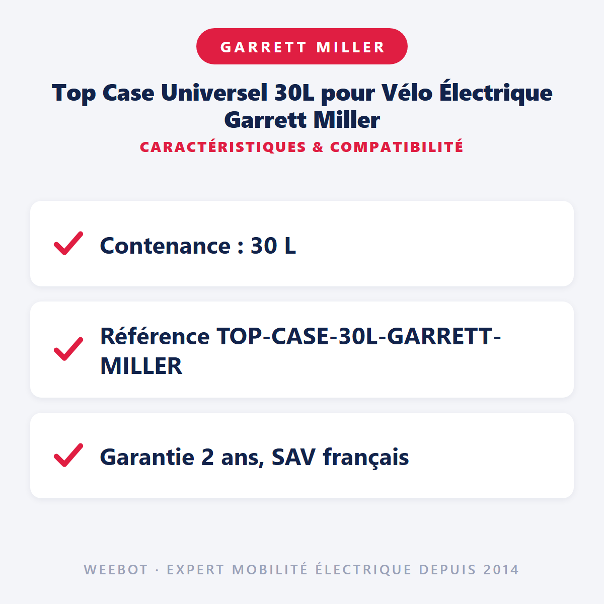 Top Case Universel 30L pour Vélo Électrique Garrett Miller : caractéristiques et compatibilité
