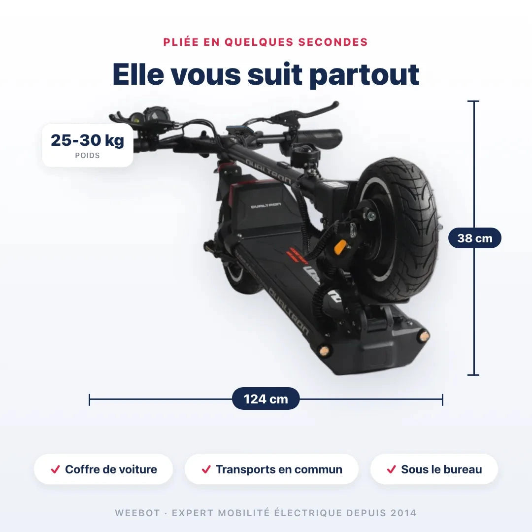 Trottinette Électrique Dualtron Aminia pliée — dimensions 124 cm, poids 25 à 30 kg. Compact et transportable, Weebot.