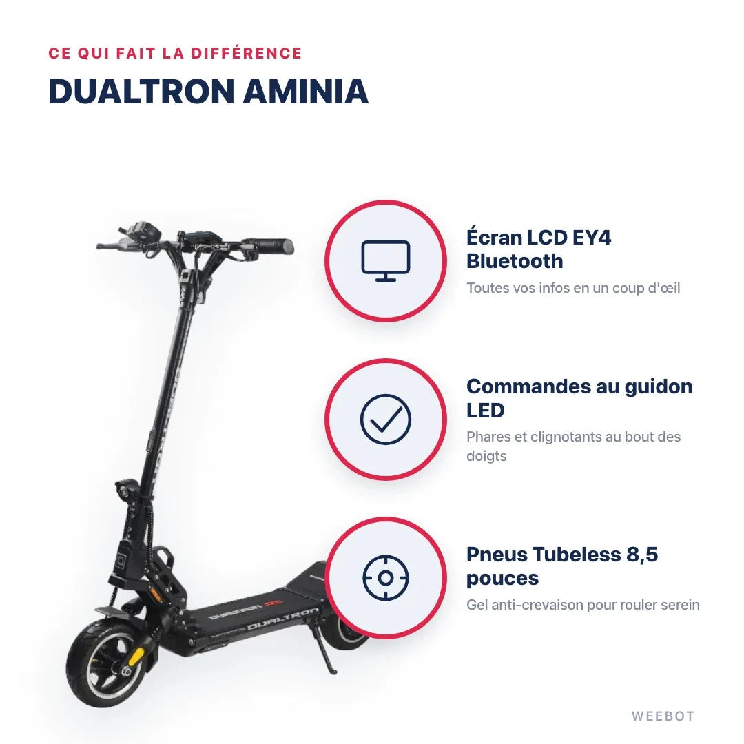 Trottinette Électrique Dualtron Aminia — points forts : Écran LCD EY4 Bluetooth, Commandes au guidon LED, Pneus Tubeless 8,5 pouces. Dualtron Aminia chez Weebot, expert mobilité électrique.