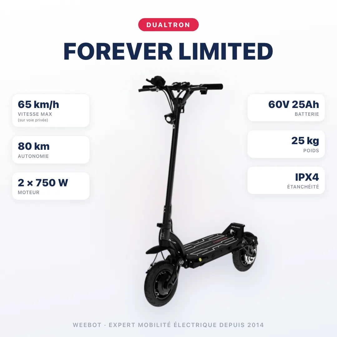 Trottinette Électrique Dualtron Forever Limited — caractéristiques : 65 km/h sur voie privée, autonomie 80 km, moteur 2 × 750 W, batterie 60V 25Ah, 25 kg. Trottinette électrique Dualtron chez Weebot.
