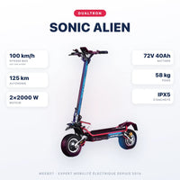 Trottinette Électrique Dualtron Sonic Alien — caractéristiques : 100 km/h sur voie privée, autonomie 125 km, moteur 2×2000 W, batterie 72V 40Ah, 58 kg. Trottinette électrique Dualtron chez Weebot.
