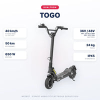 Trottinette Électrique Dualtron Togo — caractéristiques : 40 km/h sur voie privée, autonomie 50 km, moteur 650 W, batterie 36V / 48V 36V : 7,8 / 13,5 / 15Ah · 48V : 13,5 / 15Ah, 24 kg. Trottinette électrique Dualtron chez Weebot.