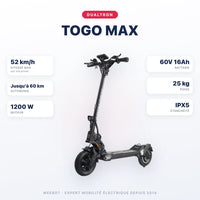 Trottinette Électrique Dualtron Togo Max — caractéristiques : 52 km/h sur voie privée, autonomie Jusqu'à 60 km, moteur 1200 W, batterie 60V 16Ah, 25 kg. Trottinette électrique Dualtron chez Weebot.