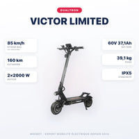 Trottinette Électrique Dualtron Victor Limited — caractéristiques : 85 km/h sur voie privée, autonomie 160 km, moteur 2×2000 W, batterie 60V 37,1Ah, 39,1 kg. Trottinette électrique Dualtron chez Weebot.