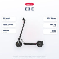 Trottinette Électrique E3 E Ninebot by Segway — caractéristiques : 25 km/h sur voie privée, autonomie Jusqu'à 45 km, moteur 800 W, batterie 36V 7,6Ah, 17,5 kg. Trottinette électrique Segway chez Weebot.