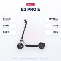 Trottinette Électrique E3 Pro E Ninebot by Segway — caractéristiques : 25 km/h sur voie privée, autonomie 55 km, moteur 800 W, batterie 36V 10Ah, 17,5 kg. Trottinette électrique Segway chez Weebot.