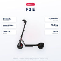 Trottinette Électrique F3 E Ninebot by Segway — caractéristiques : 25 km/h sur voie privée, autonomie Jusqu'à 70 km, moteur 1000 W, batterie 46,8V 10,1Ah, 18.6 kg. Trottinette électrique Segway chez Weebot.