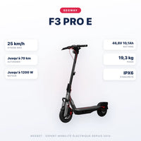 Trottinette Électrique F3 Pro E Ninebot by Segway — caractéristiques : 25 km/h sur voie privée, autonomie Jusqu'à 70 km, moteur Jusqu'à 1200 W, batterie 46,8V 10,1Ah, 19,3 kg. Trottinette électrique Segway chez Weebot.