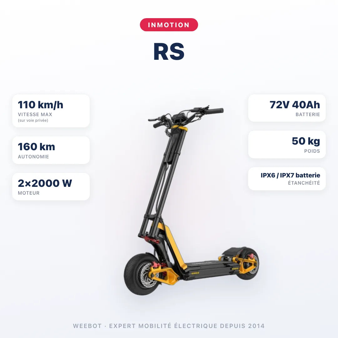 Trottinette Électrique Inmotion RS — caractéristiques : 110 km/h sur voie privée, autonomie 160 km, moteur 2×2000 W, batterie 72V 40Ah, 50 kg. Trottinette électrique Inmotion chez Weebot.