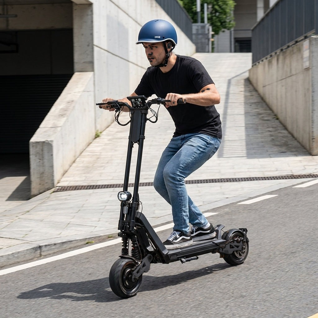 Trottinette Électrique Inmotion RS Jet noire — en montée sur une rampe urbaine