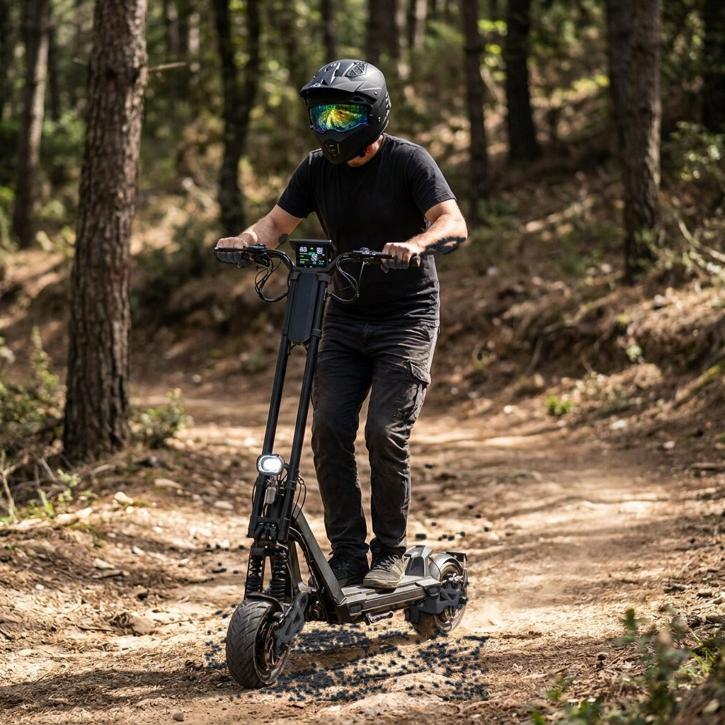 Trottinette Électrique Inmotion RS Jet noire — en tout-terrain sur un sentier forestier