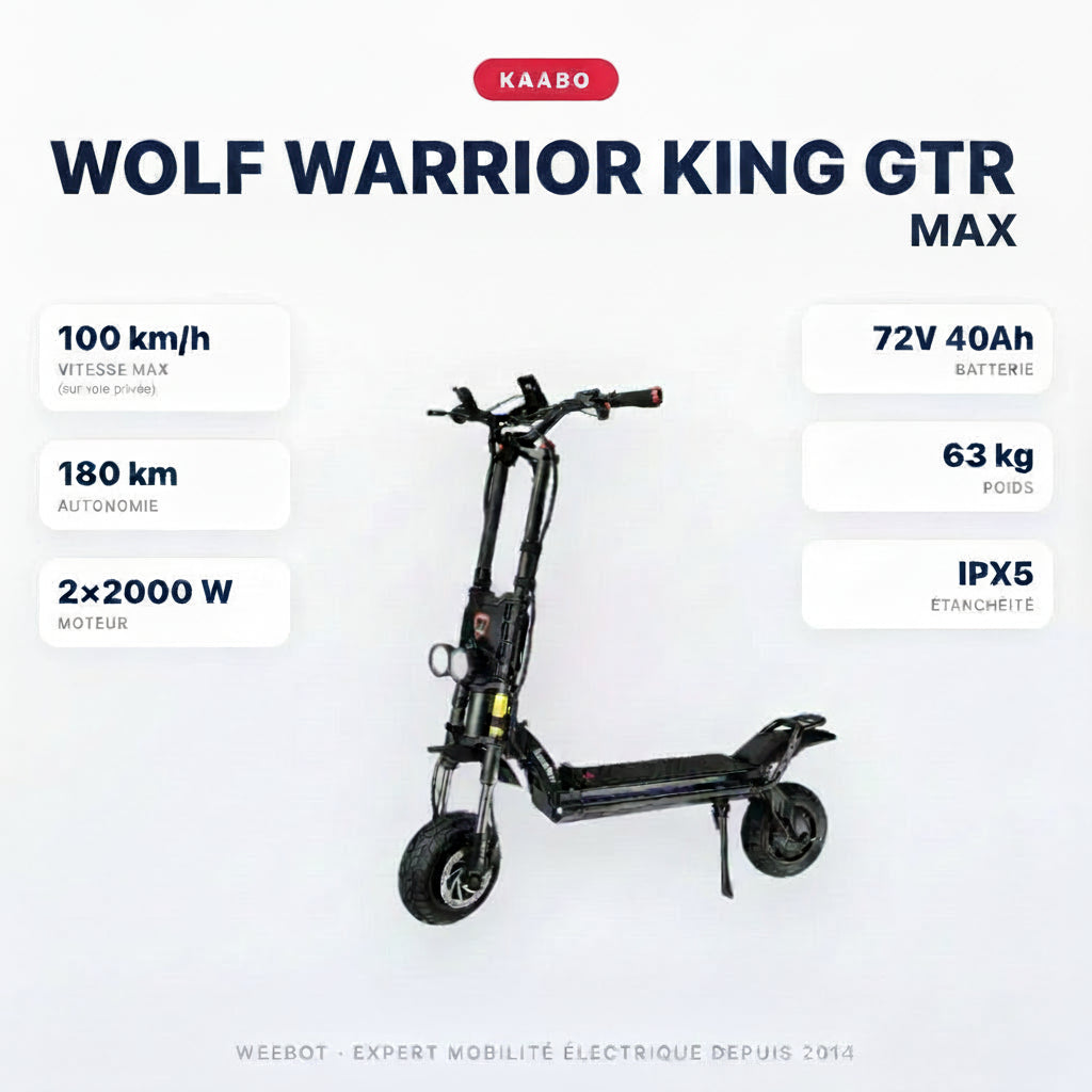Trottinette Électrique Wolf Warrior King GTR Kaabo — caractéristiques : 100 km/h sur voie privée, autonomie 180 km, moteur 2×2000 W, batterie 72V 35Ah, 63 kg. Trottinette électrique Kaabo chez Weebot.