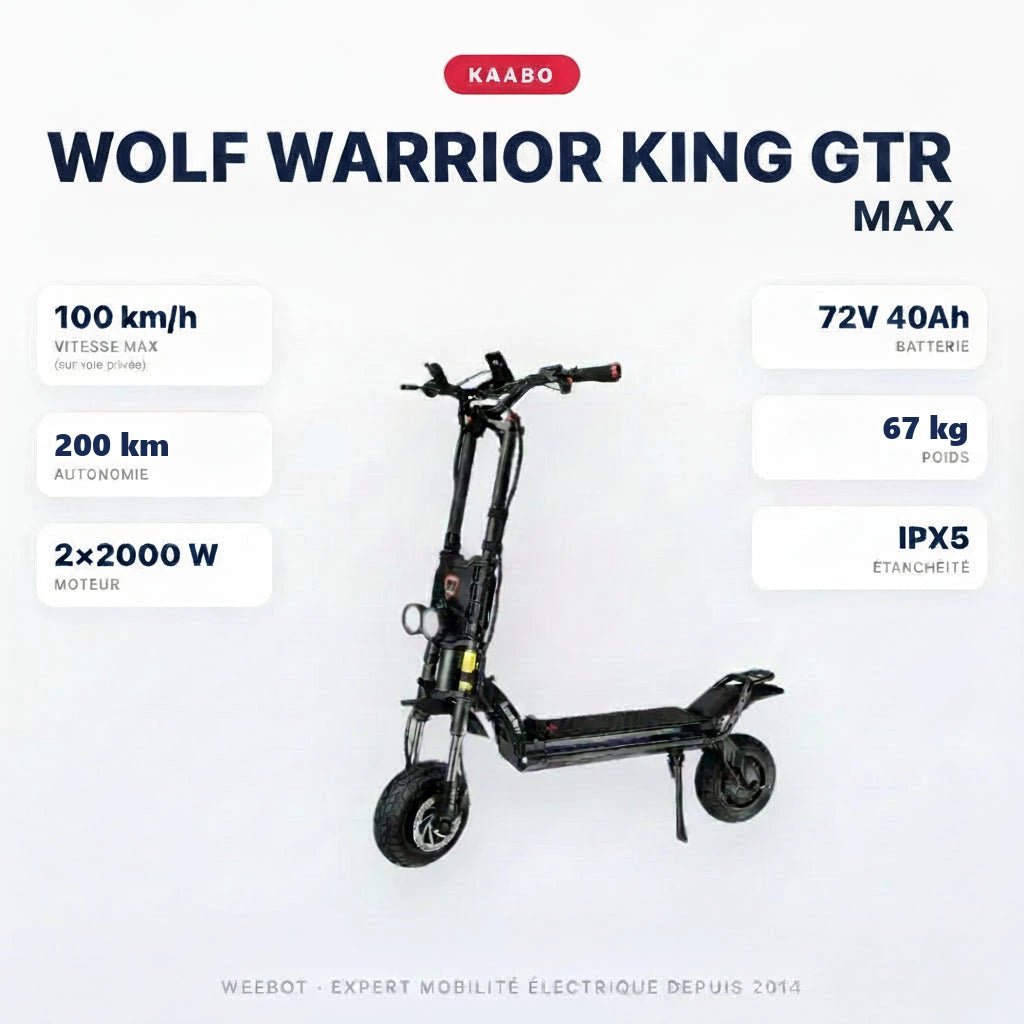Trottinette Électrique Wolf Warrior King GTR MAX Kaabo — caractéristiques : 100 km/h sur voie privée, autonomie 200 km, moteur 2×2000 W, batterie 72V 40Ah, 67 kg. Trottinette électrique Kaabo chez Weebot.