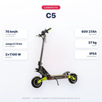 Trottinette Électrique Langfeite C5 — caractéristiques : 70 km/h sur voie privée, autonomie Jusqu'à 72 km, moteur 2×1100 W, batterie 60V 27Ah, 37 kg. Trottinette électrique Langfeite chez Weebot.