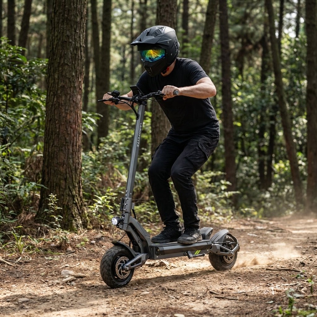 Trottinette Électrique Langfeite Cayman S — en tout-terrain sur un sentier forestier