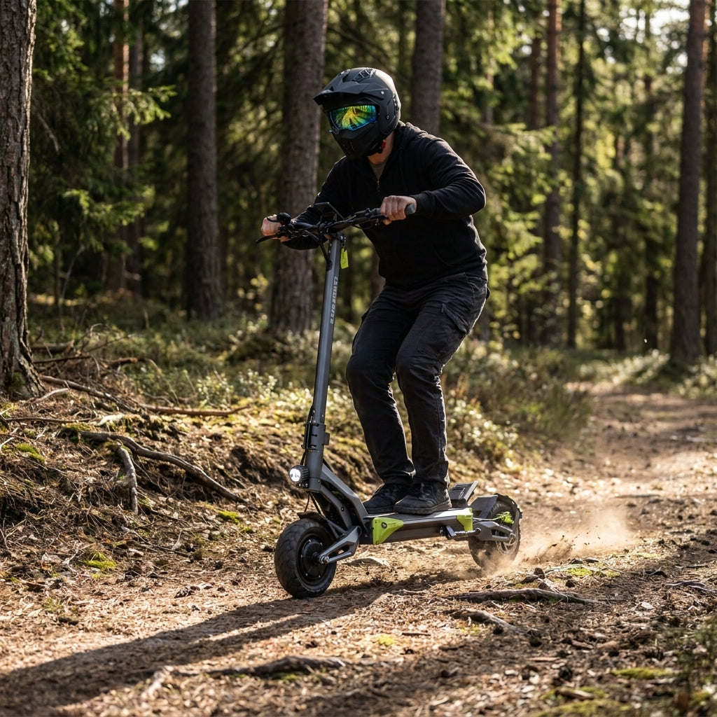 Trottinette Électrique Langfeite Roadster GT — en tout-terrain sur un sentier forestier
