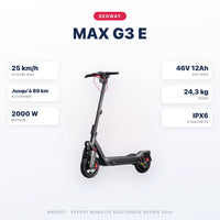 Trottinette Électrique MAX G3 E Ninebot by Segway — caractéristiques : 25 km/h sur voie privée, autonomie Jusqu'à 80 km, moteur 2000 W, batterie 46V 12Ah, 24,3 kg. Trottinette électrique Segway chez Weebot.