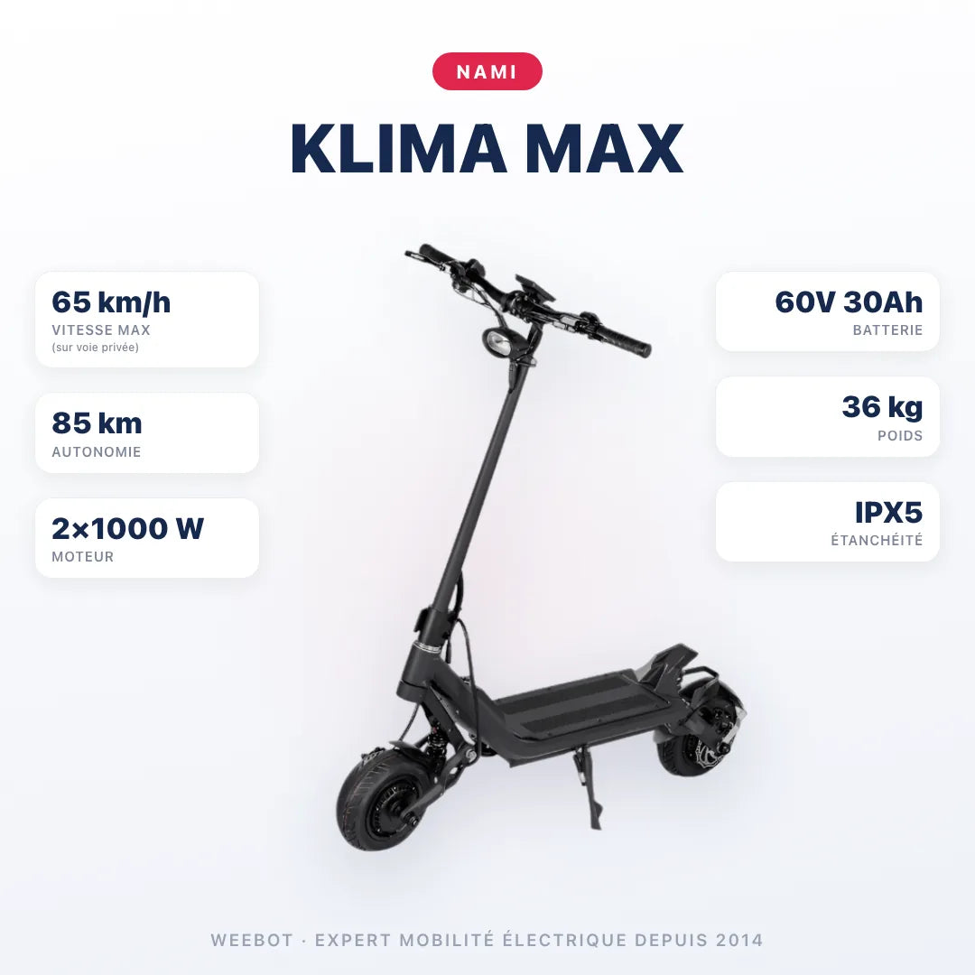 Trottinette Électrique Nami Klima Max — caractéristiques : 65 km/h sur voie privée, autonomie 85 km, moteur 2×1000 W, batterie 60V 30Ah, 36 kg. Trottinette électrique Nami chez Weebot.