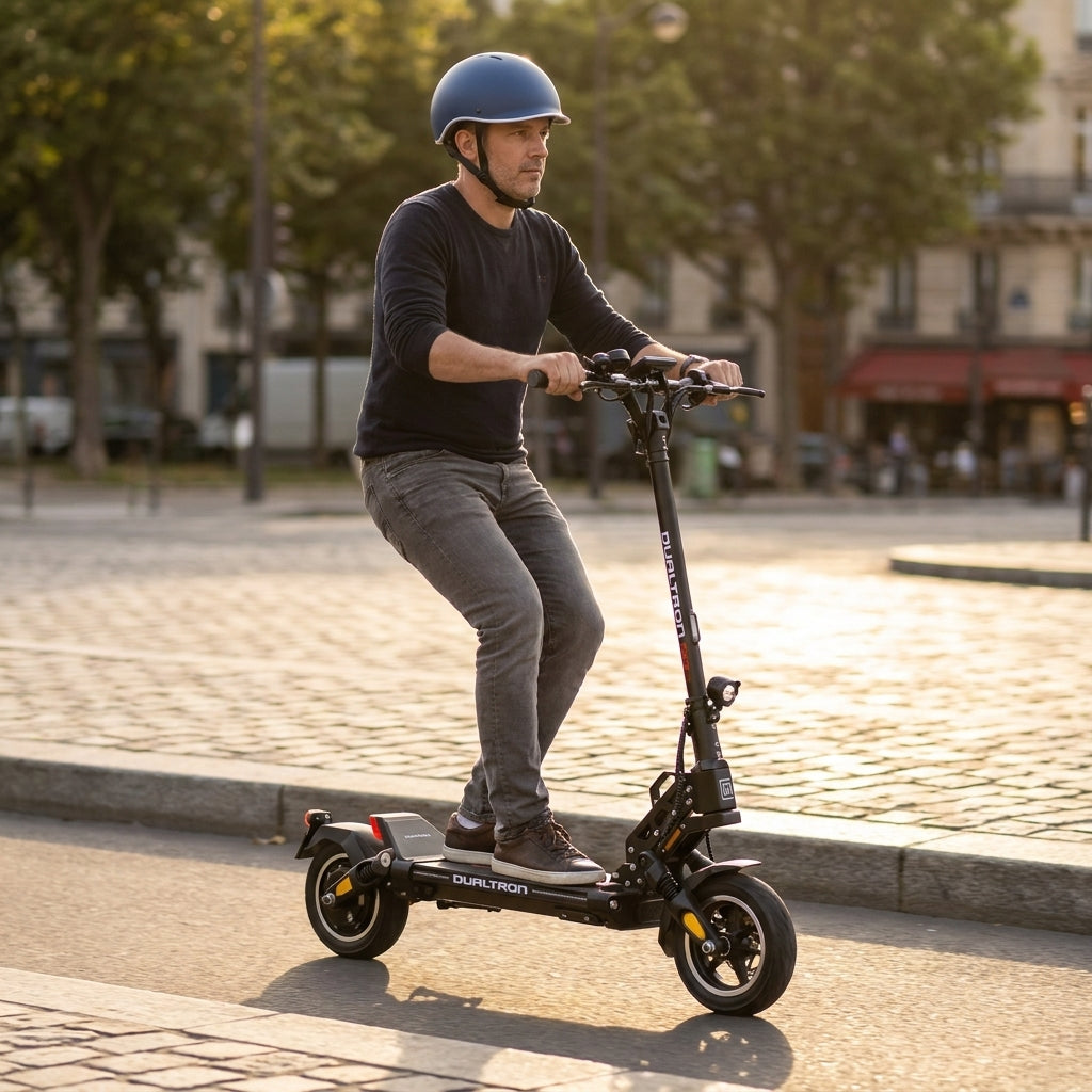 Trottinette Électrique Occasion Dualtron Aminia : Reconditionnée — en action sur une piste cyclable urbaine