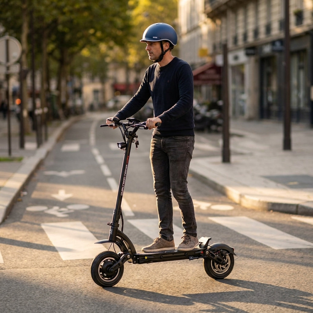 Trottinette Électrique Occasion Dualtron Forever Ultra : Reconditionnée — en action sur une piste cyclable urbaine