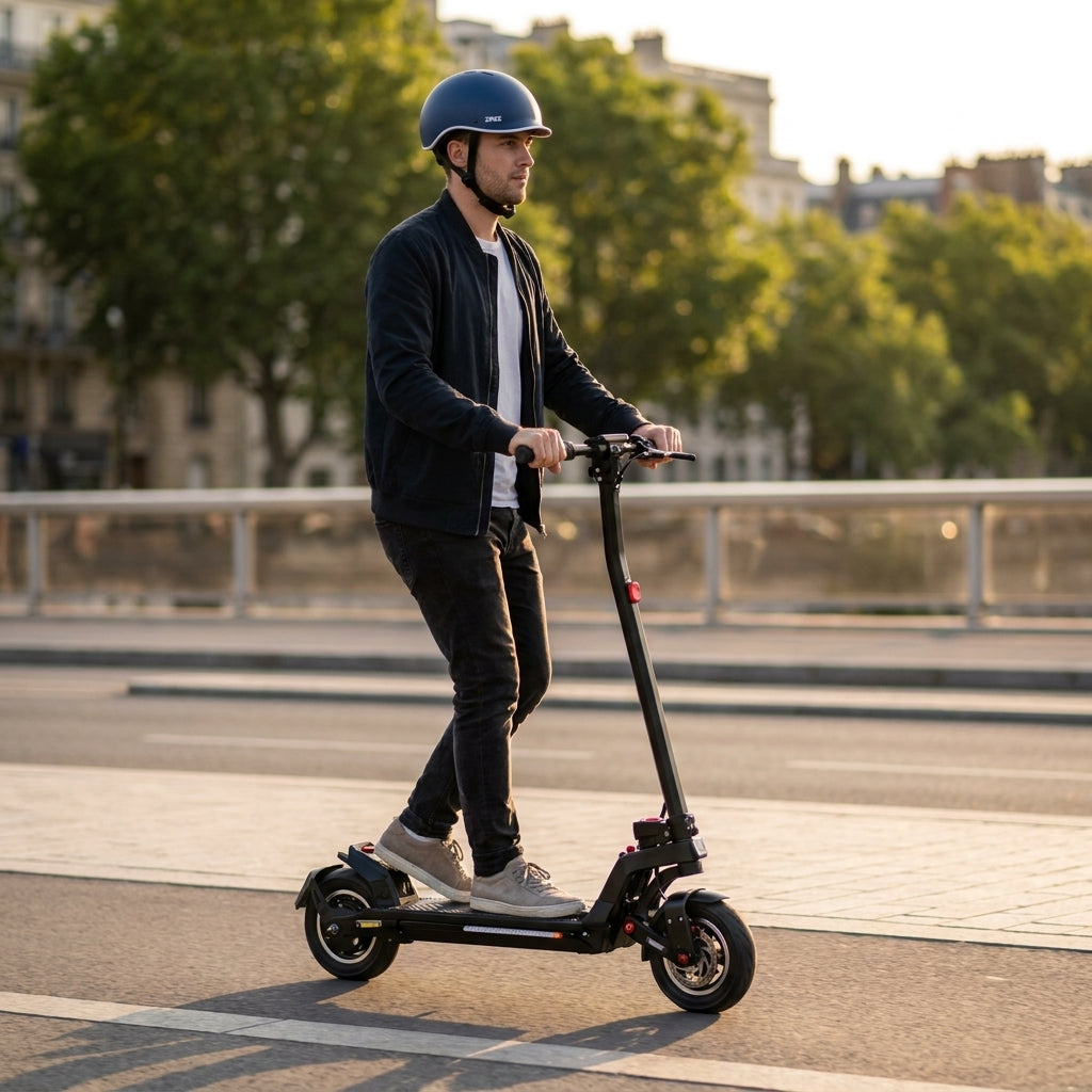 Trottinette Électrique Occasion Dualtron Sonic N : Reconditionnée — en action sur une piste cyclable urbaine