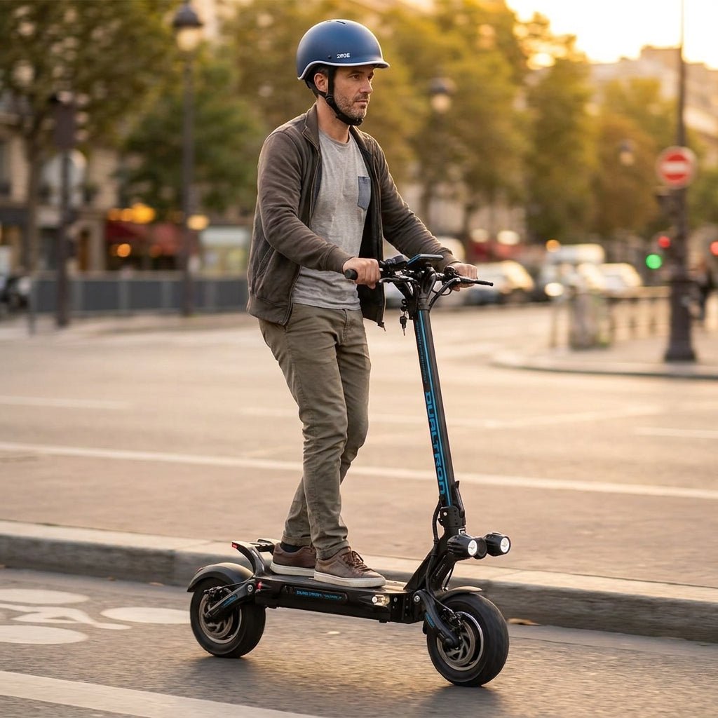 Trottinette Électrique Occasion Dualtron Thunder 3 : Reconditionnée — en action sur une piste cyclable urbaine
