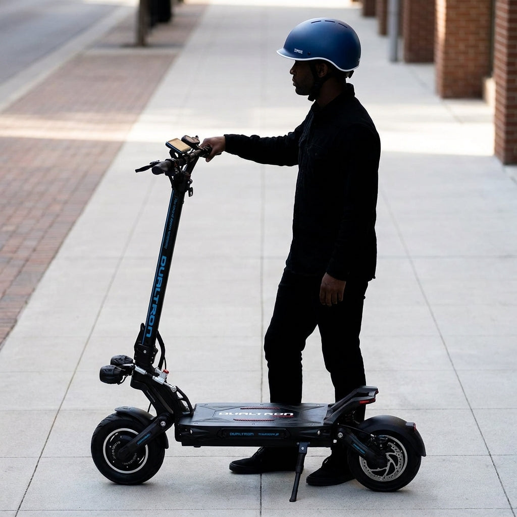 Trottinette Électrique Occasion Dualtron Thunder 3 : Reconditionnée — à l'arrêt à côté d'un adulte, pour l'échelle