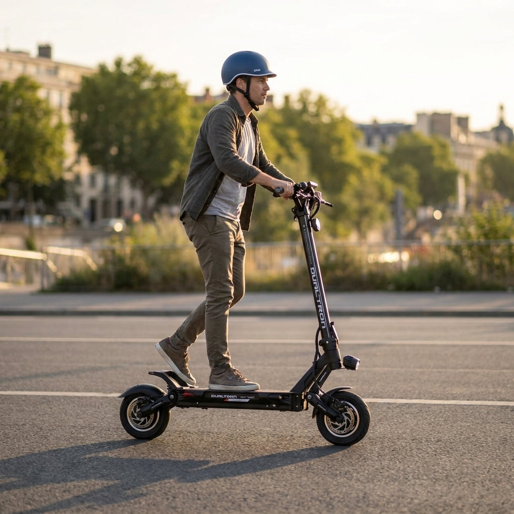 Trottinette Électrique Occasion Dualtron Victor Limited : Reconditionnée — en action sur une piste cyclable urbaine